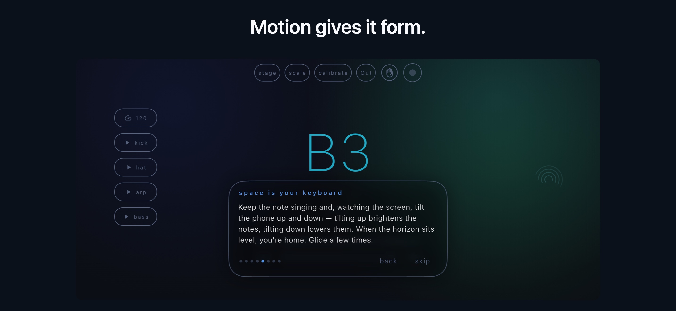 Magnio grip lesson card explaining how tilting moves through notes