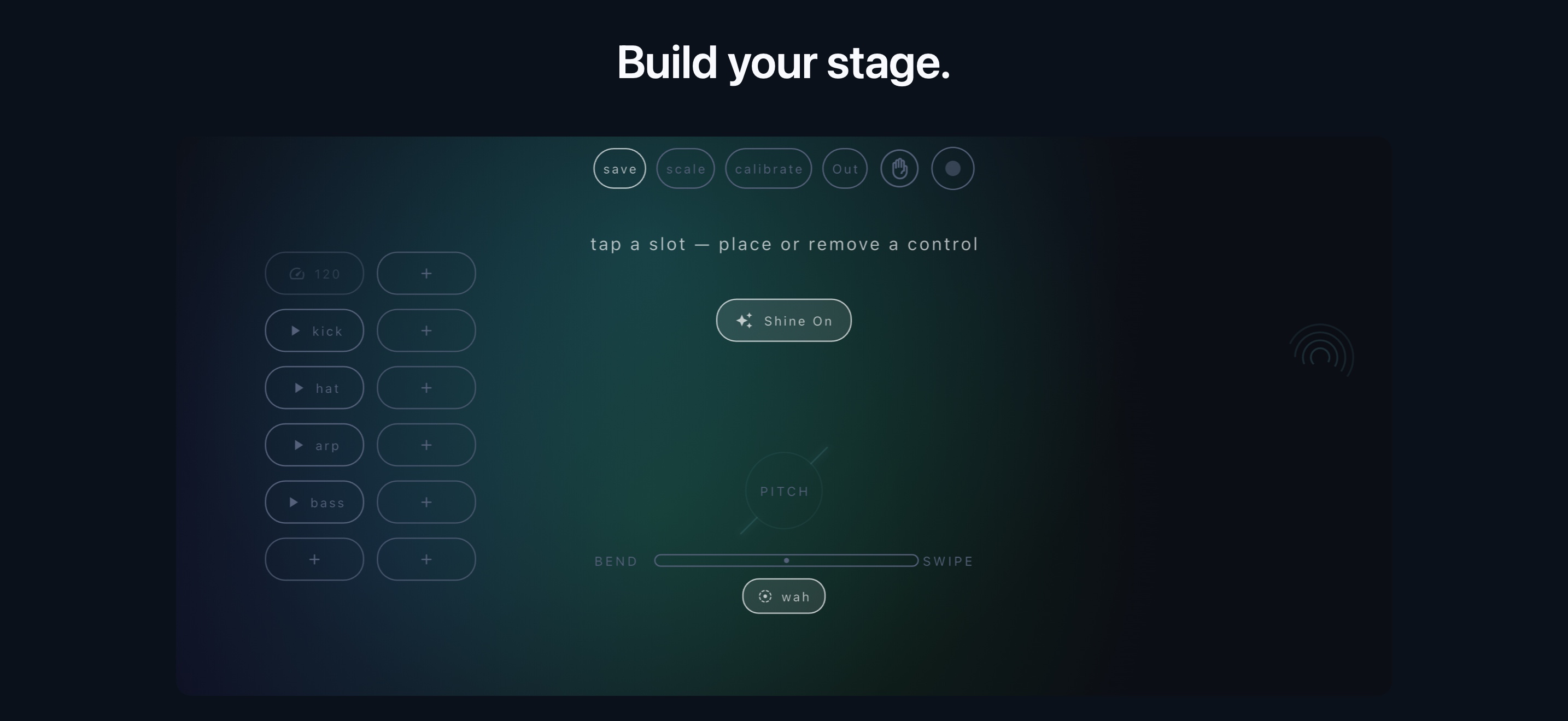Magnio stage edit mode with instrument and modulation buttons
